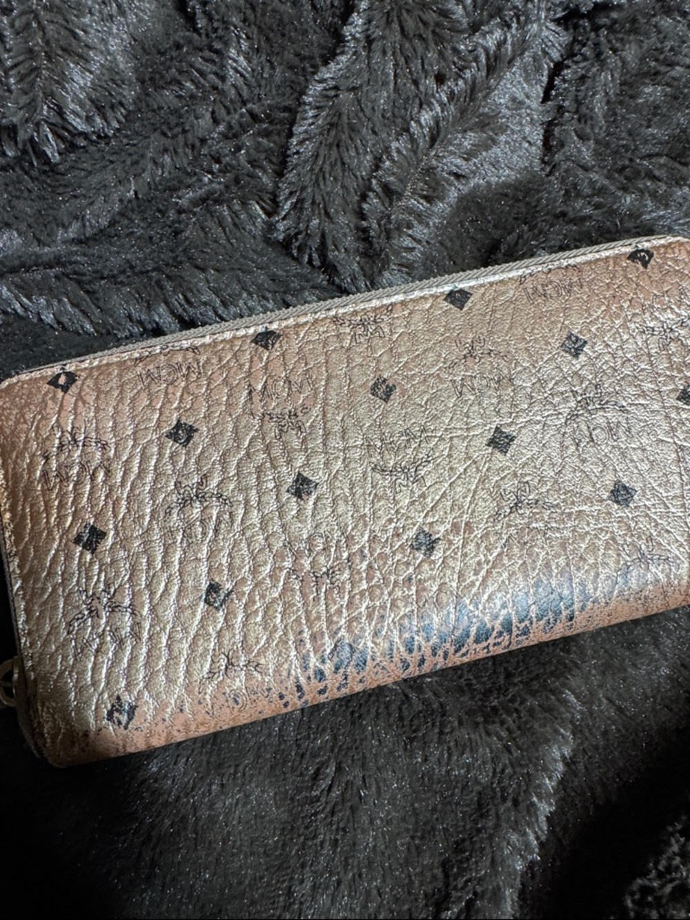 MCM Monogram Textured Metallic Zip-Around Wallet - Bronze Black